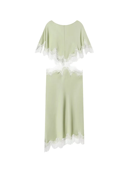New Women Sexy Cut Out Dresses Solid Lace Spliced Short Cape Sleeve Asymmetric Midi Dresses Summer Ladies Elegant Party Dress