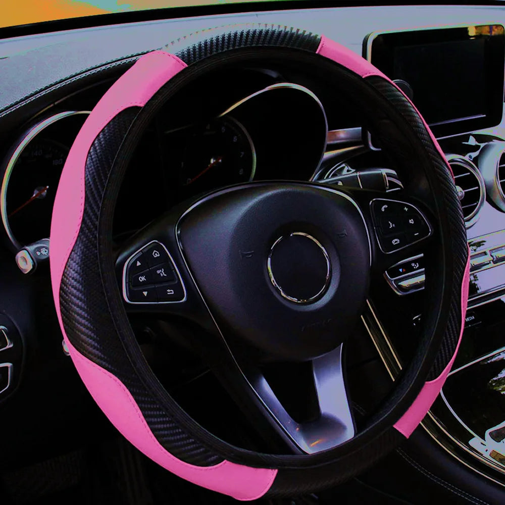Elastic Carbon Fiber Leather Steering Wheel Cover Universal 36-40cm No Inner Ring Anti-slip Car Handle Protector 4 Seasons