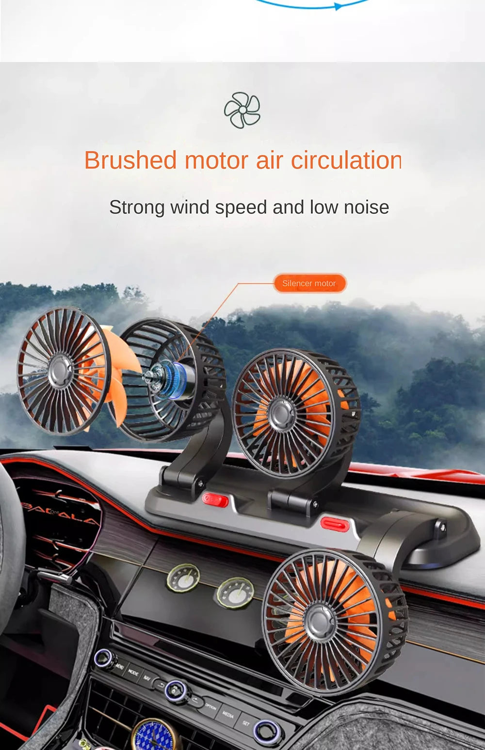 1/2/3 Head Car Fan 360° Adjustable Air Fan Automotive Electric Fan USB/12V/24V Fan 2 Speeds Car Silent FanHome Desk Office&Car
