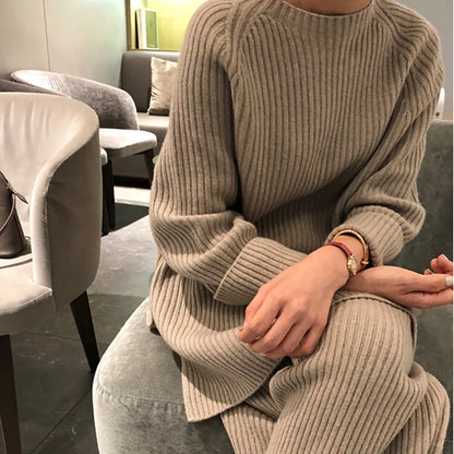 Women Elegant Sweater Suit Elegant Knitted Two Pieces Set Autumn Winter Oversized Pullover and Trousers Suit Female Outfits 2022