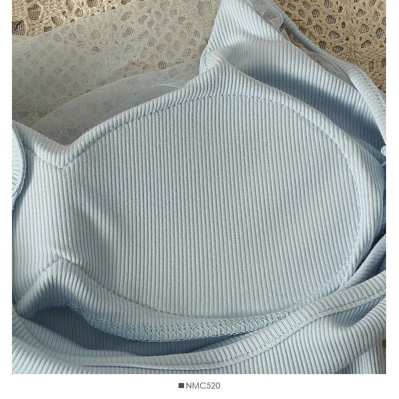 Sexy Mesh Splice Crop Top Backless Design Pure Color Strap Vest for Women Trendy Slimming Short Style Summer Fashion