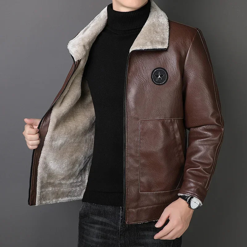 Mens Outwear Fleece Fur Collar Windbreaker Coat Male Pu Jacket Men Thick Warm Cashmere Military Bomber Tactical Leather Jackets
