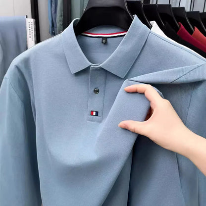 Collar T-shirt for men, long sleeved, autumn, middle-aged, business, pure cotton, casual polo shirt, top for men