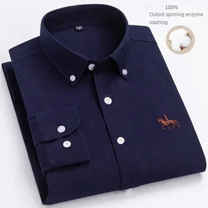 100% Pure Cotton Men's Long Sleeve Shirt Business Casual Solid Color Embroidered Oxford Spun Shirt