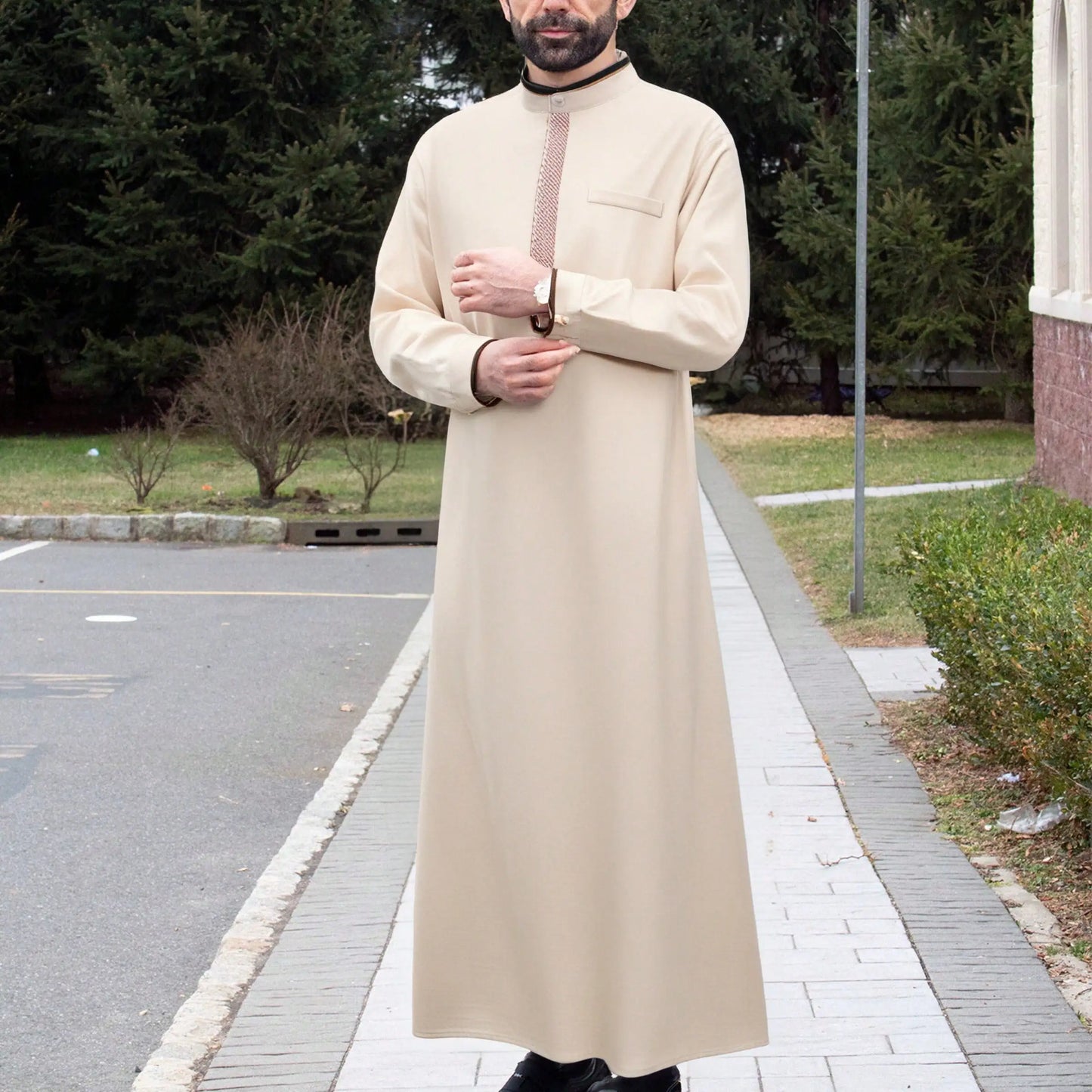 Islamic Muslim Arabic Casual Men's Abaya Long Sleeve Embroidered Stand Collar Arabic Abaya Men's Traditional Clothing