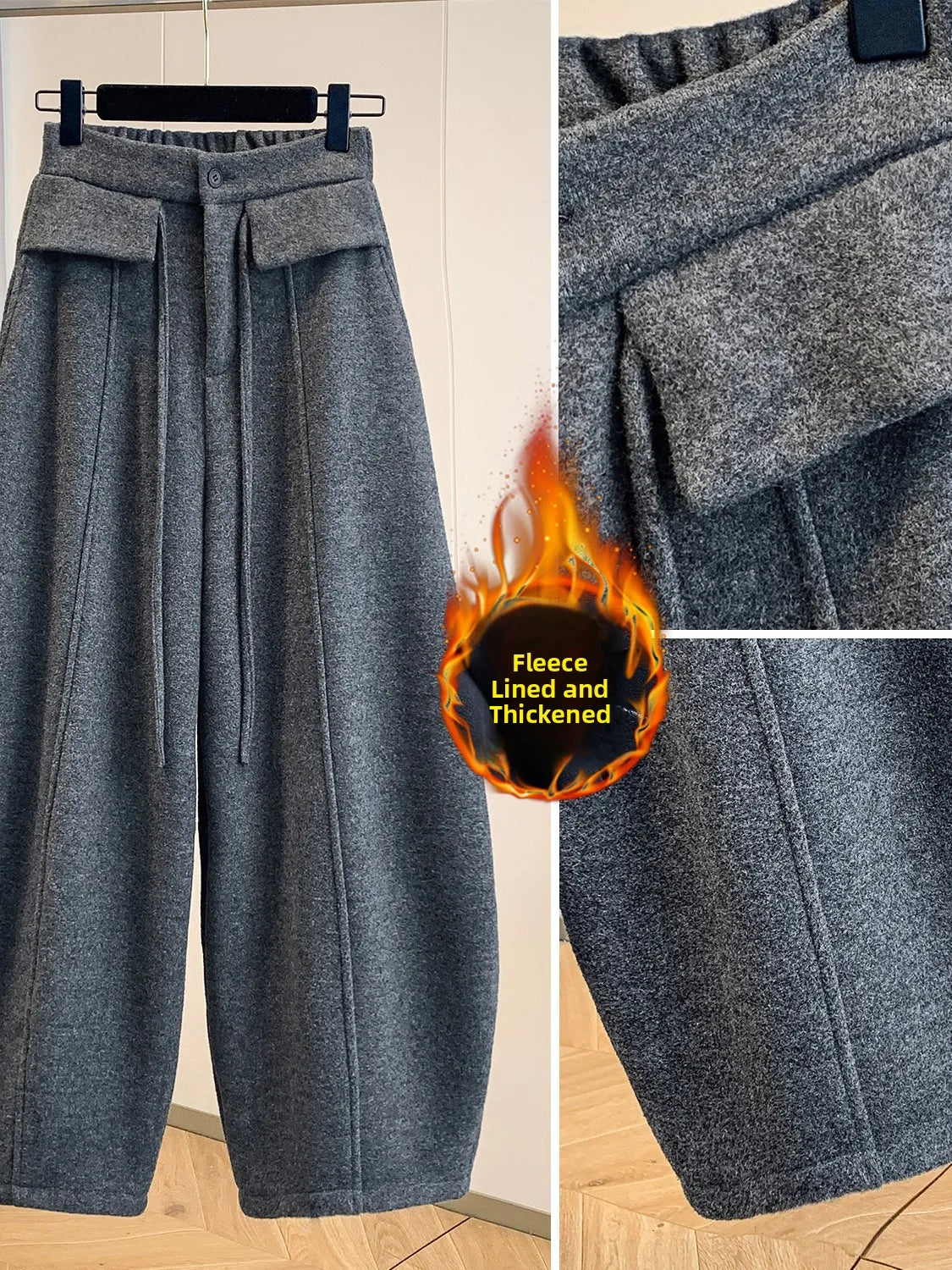 Warm Fleece Lined Trousers with Drawstring Casual Wide Leg Knife  Pants High Waist Polyester Blend Winter Fashion Ladies