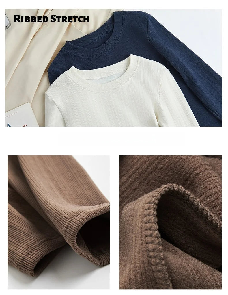 Women’s Soft-Wear Top Ribbed Crew-Neck Base Layer, Long-Sleeved T-Shirt Suitable for Layering or Wearing on Its Own