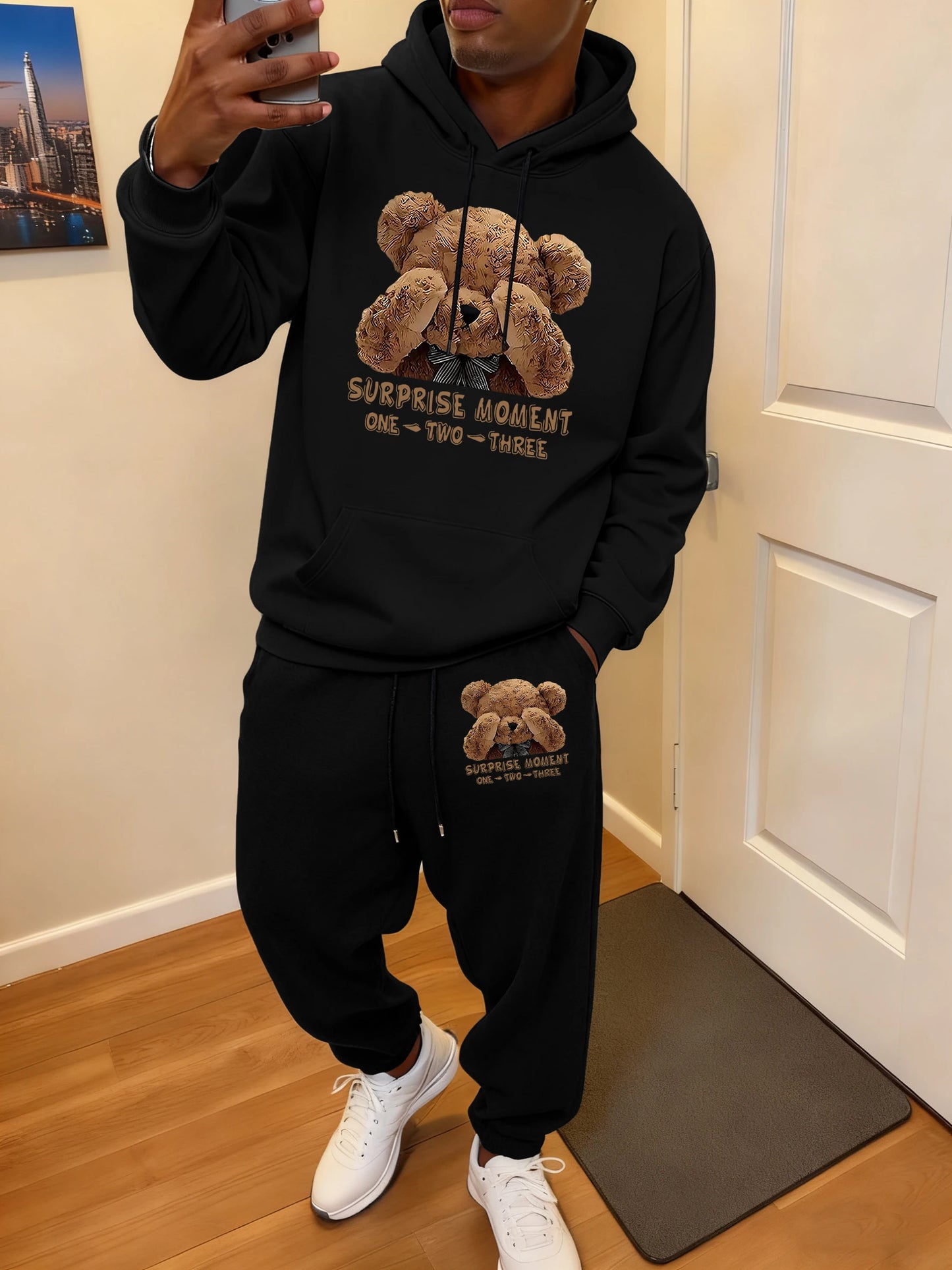 Surprise Moment Teddy Bear Print Soft Hoodie Set Man Sport Pocket Tracksuit All-Match Casual Sweatpants Autumn Fleece Long Pant