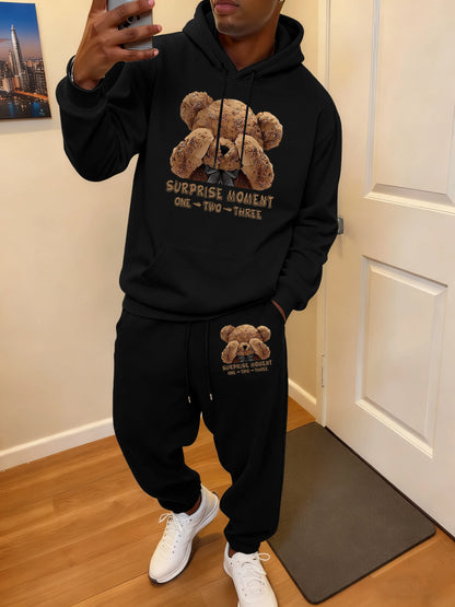 Surprise Moment Teddy Bear Print Soft Hoodie Set Man Sport Pocket Tracksuit All-Match Casual Sweatpants Autumn Fleece Long Pant
