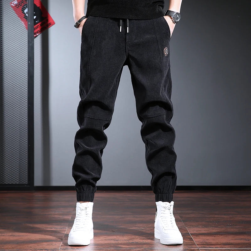 Men's Fleece Lined Thickened Autumn Winter Sports Casual Pants Cuffed Loose Fit Long Trousers Youth Active Style Fashionable