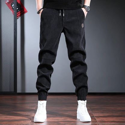 Men's Fleece Lined Thickened Autumn Winter Sports Casual Pants Cuffed Loose Fit Long Trousers Youth Active Style Fashionable