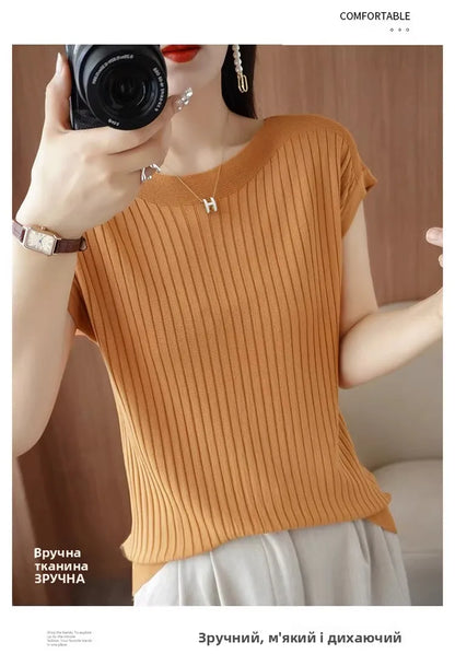 Ice Silk Knitted Top Women Loose Spring Summer New Style Thin Short Sleeve One Shoulder T-Shirt Breathable Comfortable Casual...