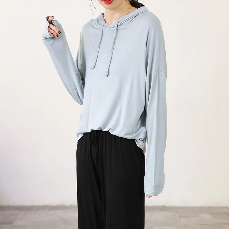 Spring Summer New Modal Long Sleeve Hoodie T-Shirt Women plus Size Loose Base Shirt Slimming Sun Protection Top Korean Style