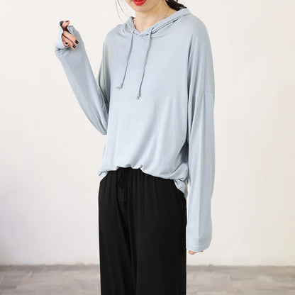Spring Summer New Modal Long Sleeve Hoodie T-Shirt Women plus Size Loose Base Shirt Slimming Sun Protection Top Korean Style
