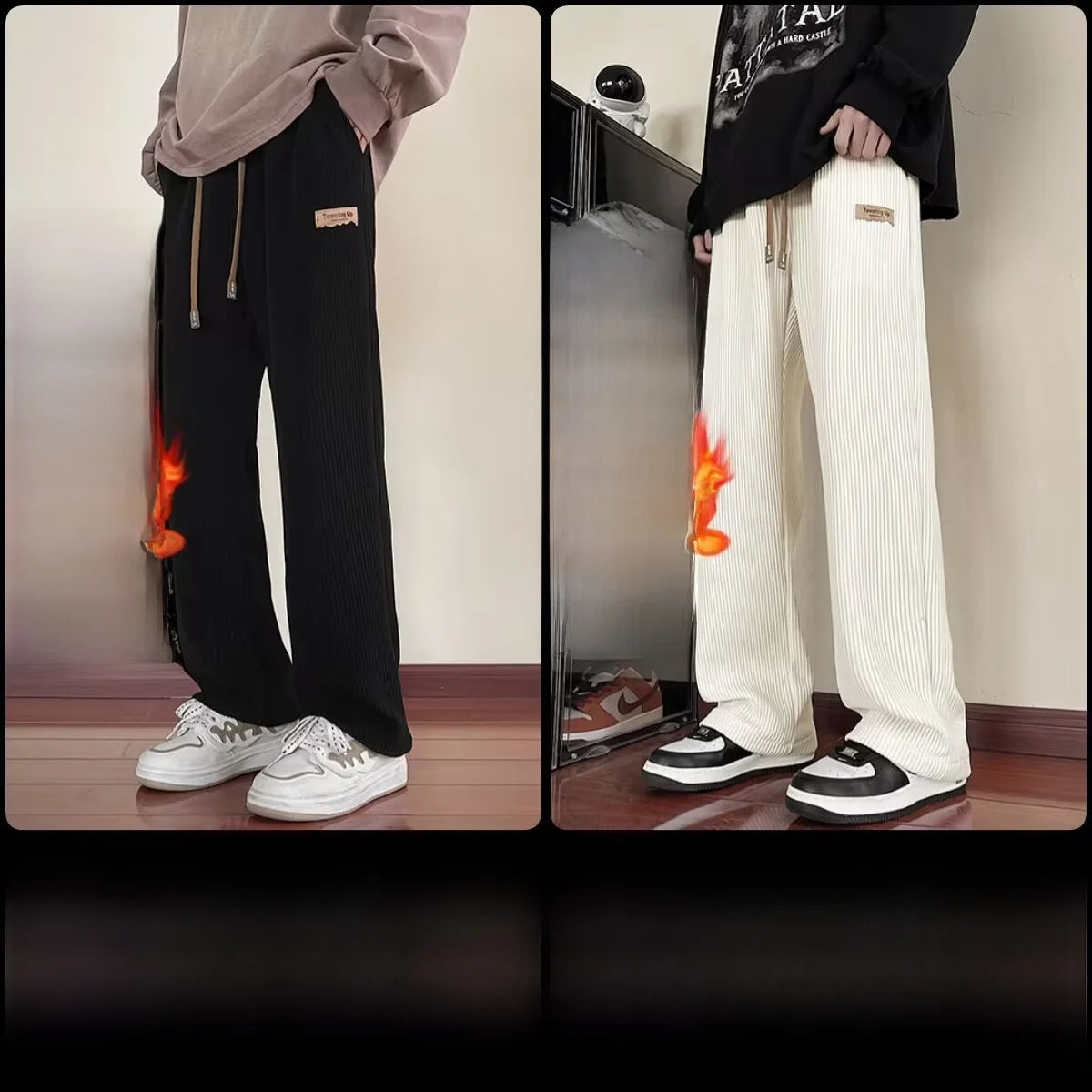 Men's Winter Thickened Fleece Lined Corduroy Wide Leg Sporty Casual Pants Loose Fit Straight Leg Long Trousers Fashionable Yo...