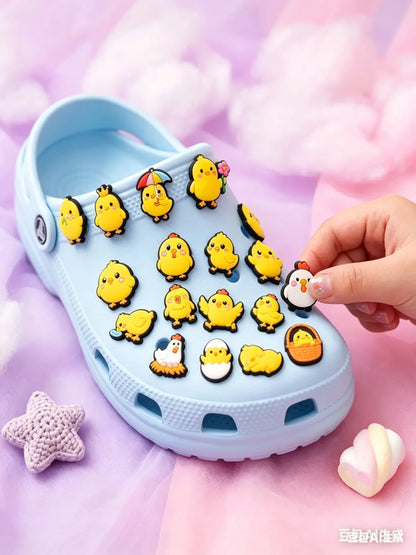 20Pcs Cartoon Chicken PVC Sandals Garden Shoe Charms Decoration Clogs Pins Hole Slipper Accessories Backpack Kid Holiday Gift