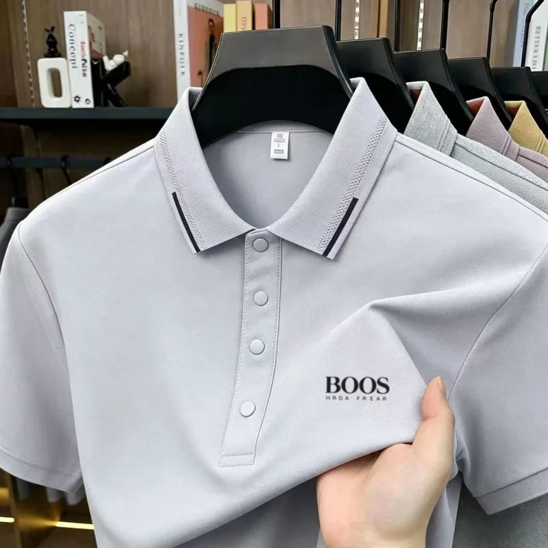 Summer luxury brand men's embroidered polo shirt with ice silk, cool, lightweight, soft, breathable business casual wear