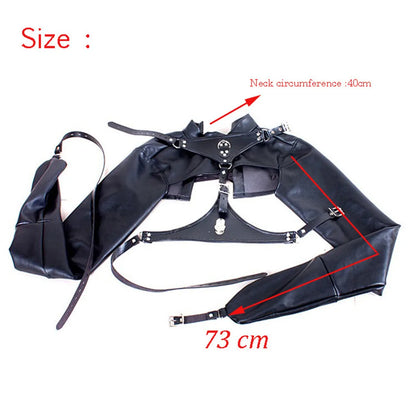 Black Leather Exposed Nipples Bra Arm Restraints Sleeve Adult SM Training Toys Bdsm Collar Body Harness Bondage Straight Jacket