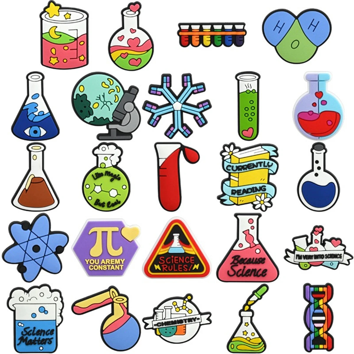 24-100Pcs Mix Test Tube Beaker Shoes Buckle Charms Science Magic PVC Clog Decorations DIY Children Backpack