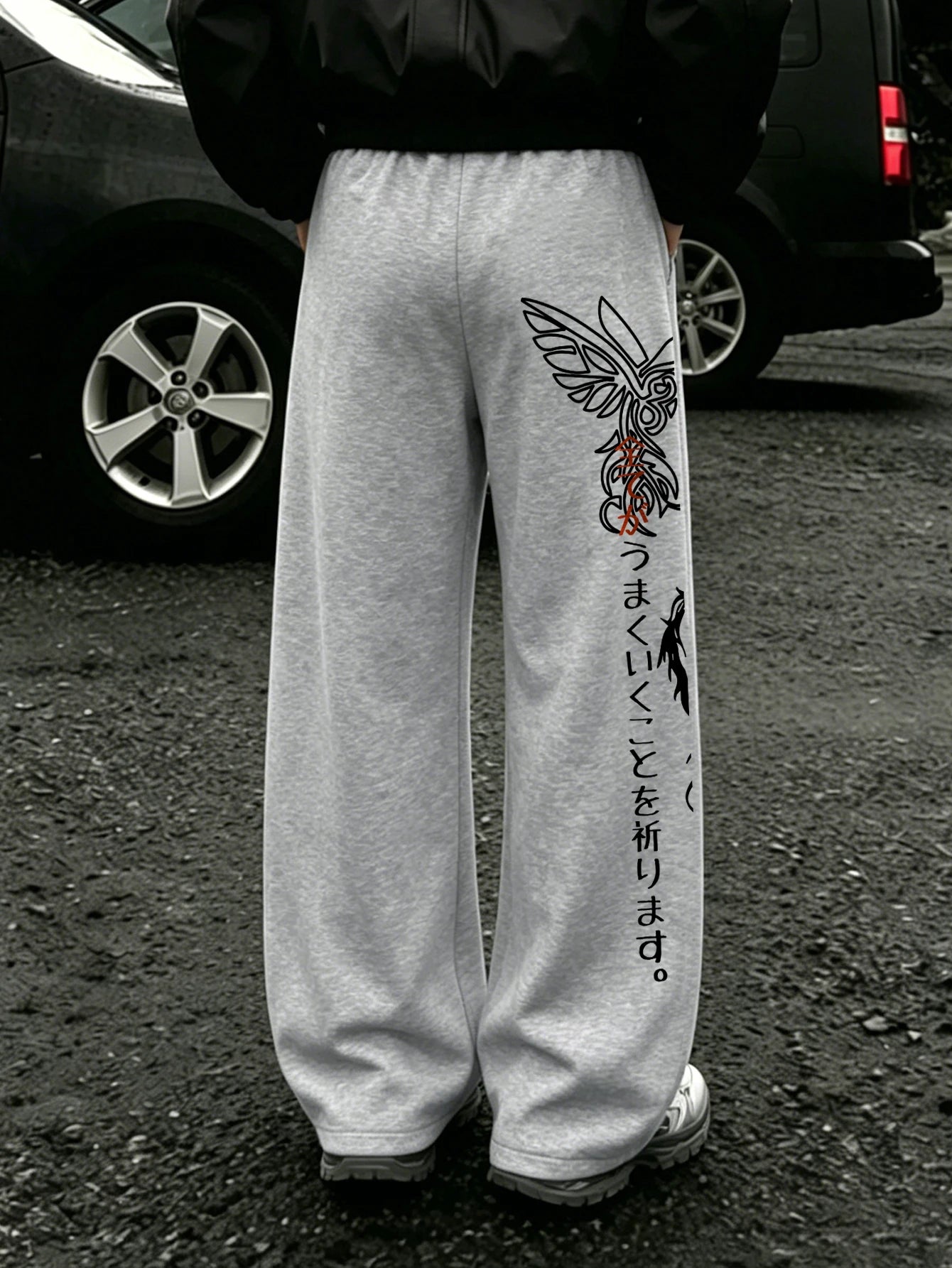 Men's Harajuku Tribal Dragon Vertical Japanese Text Print Wide Leg Sweatpants Drawstring Soft Asian Street Loose Trousers
