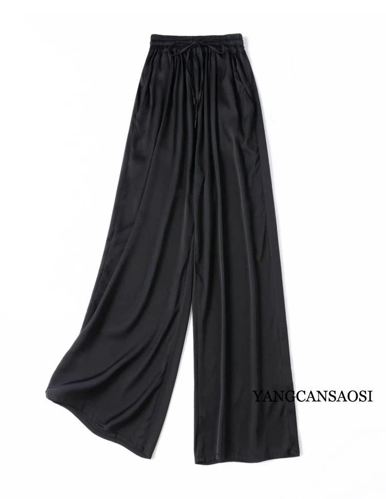 Vertical Naked Feeling 93% Natural Mulberry Silk Elastic Double Qiao Satin Elastic Waist Women's Fashionable Wide Leg Pants