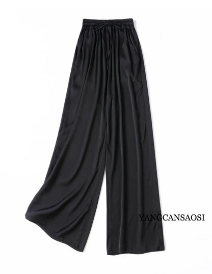 Vertical Naked Feeling 93% Natural Mulberry Silk Elastic Double Qiao Satin Elastic Waist Women's Fashionable Wide Leg Pants