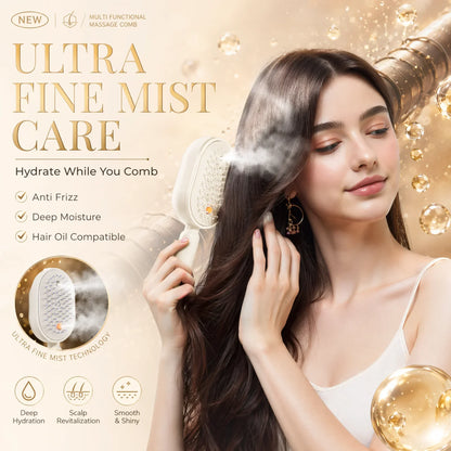 Self Cleaning Hair Brush with Mist Spray Scalp Massager Anti Frizz Detangling Comb Portable Rechargeable Hair Care Tool
