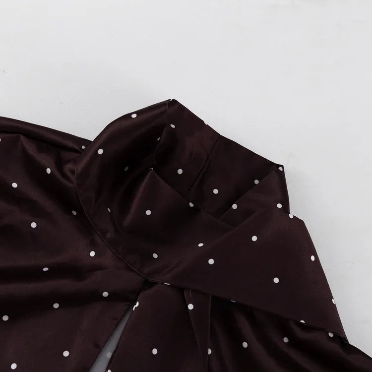 Two Piece Skirt Set Printed Polka Dot Satin Skirt Set Women's Long Sleeved Lace Up Shirt+high WAIST Midi Skirt Set