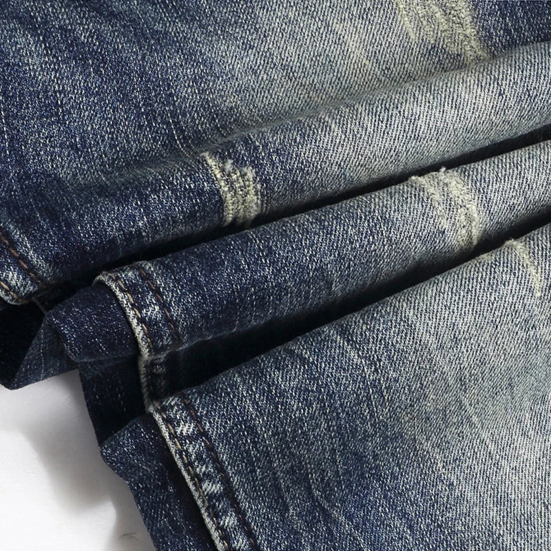 Y2K Fashion New High-Quality Jeans Scratch Wash Nostalgic Stretch Slim Fit Retro Blue Men's Jeans Designer High-Quality Jean