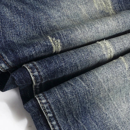 Y2K Fashion New High-Quality Jeans Scratch Wash Nostalgic Stretch Slim Fit Retro Blue Men's Jeans Designer High-Quality Jean