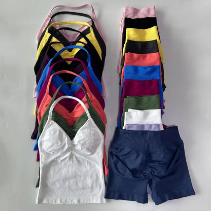 2 Pieces Sports Set Women Backless Tank Yoga Tops High Waist Scrunch Seamless Shorts Sport Gym Set Sportswear Workout Set