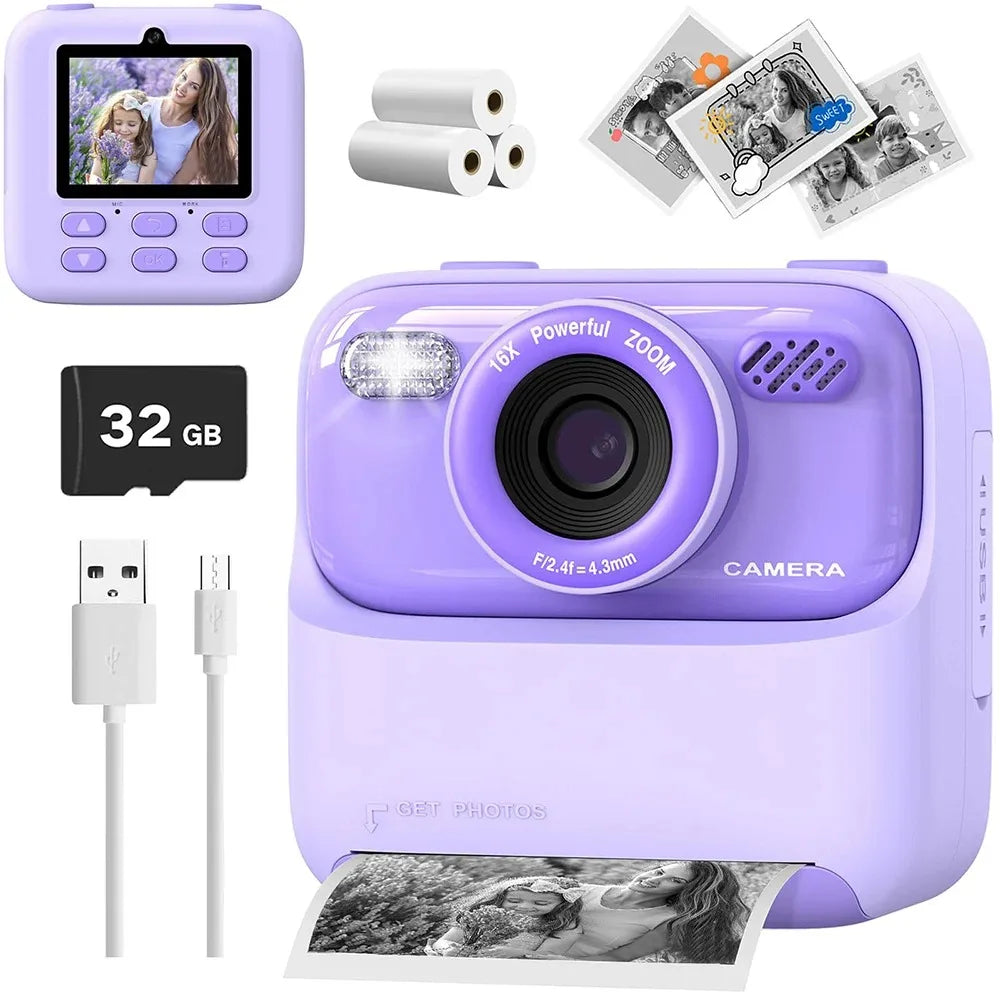 Upgrade Kids Camera Instant 1080P HD Dual Lens Selfie Digital Camera for Girls Boys Christmas Birthday Gifts Toys With 32G Print