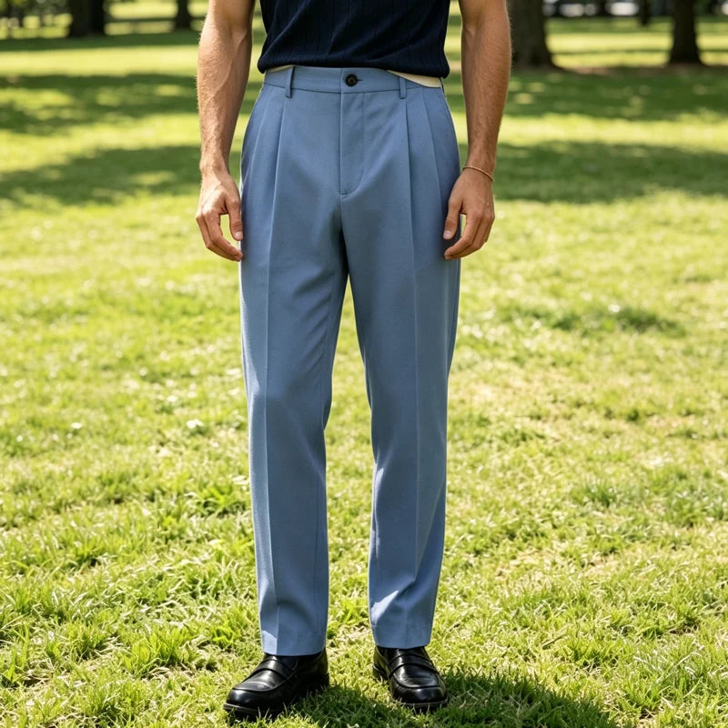 Men High Waist Pleated Suit Pants Straight Wide Leg Loose Fit Trousers Breathable Lightweight Business Office Formal Wear