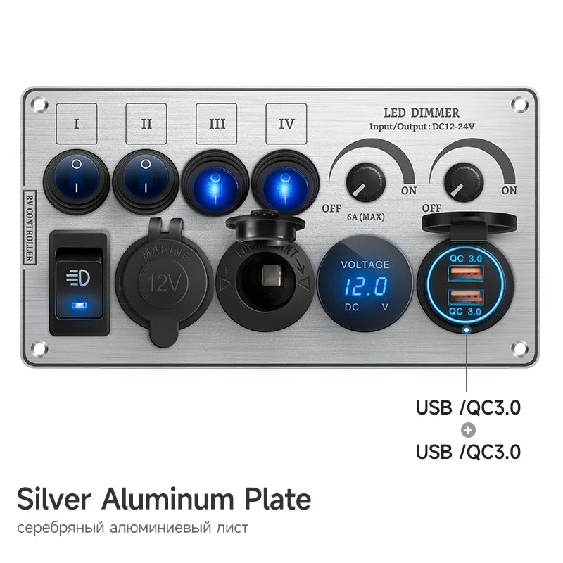 Toggle Switch Multi-Functions Silver Aluminum Panel LED Dimmer Switch 12V 24V for RV Dual Port USB QC3.0  Cigarette Lighter