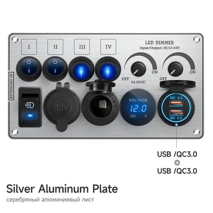Toggle Switch Multi-Functions Silver Aluminum Panel LED Dimmer Switch 12V 24V for RV Dual Port USB QC3.0  Cigarette Lighter