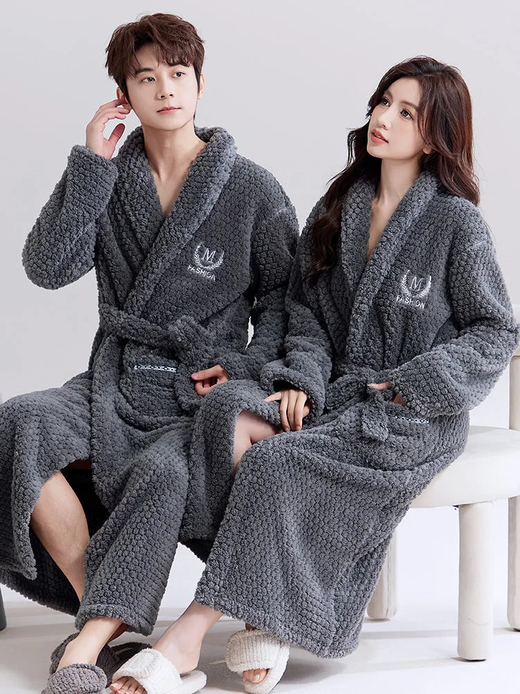 Thiened Coral Fce Robe Long Plu Spwear for Couples Autumn Winter Sle Home Clothes Outerwear Polyester Fiber