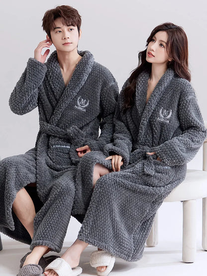 Thiened Coral Fce Robe Long Plu Spwear for Couples Autumn Winter Sle Home Clothes Outerwear Polyester Fiber