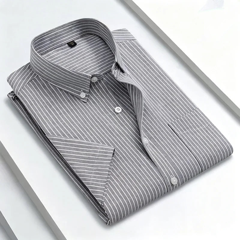 New 100% Cotton Men's Oxford Shirts Short Sleeve Summer Stripe Casual Formal Dress Social Regular Fit White Fashion Clothes 5XL