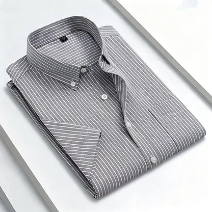 New 100% Cotton Men's Oxford Shirts Short Sleeve Summer Stripe Casual Formal Dress Social Regular Fit White Fashion Clothes 5XL
