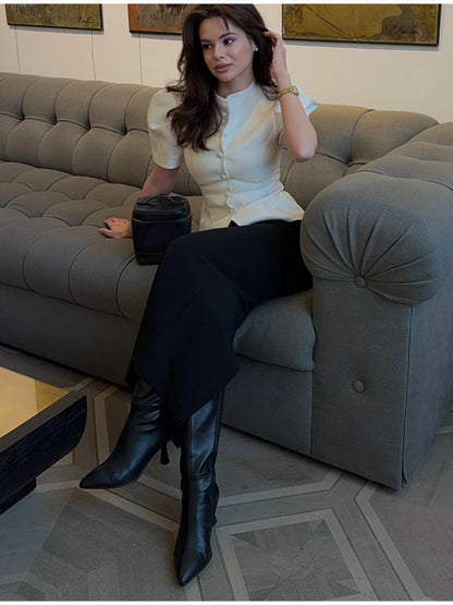 Women's Elegant Puff Sleeve Blouse Stand Collar Single-breasted Fitted Peplum Top Female Office Formal Occasions Cozy Clothes