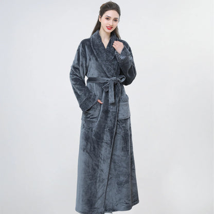 Thickened Long Ladies' Bathrobe Sleepwear Winter Warm Plush Robe Couple's Home Clothes Soft Flannel Material Comfortable Fit