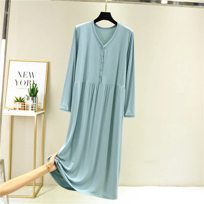 Early Autumn 2024 Women's V-Neck Long Sleeve Dress Loose Button-Up Modal Dress for Home Wear Midi Skirt A-Line Silhouette