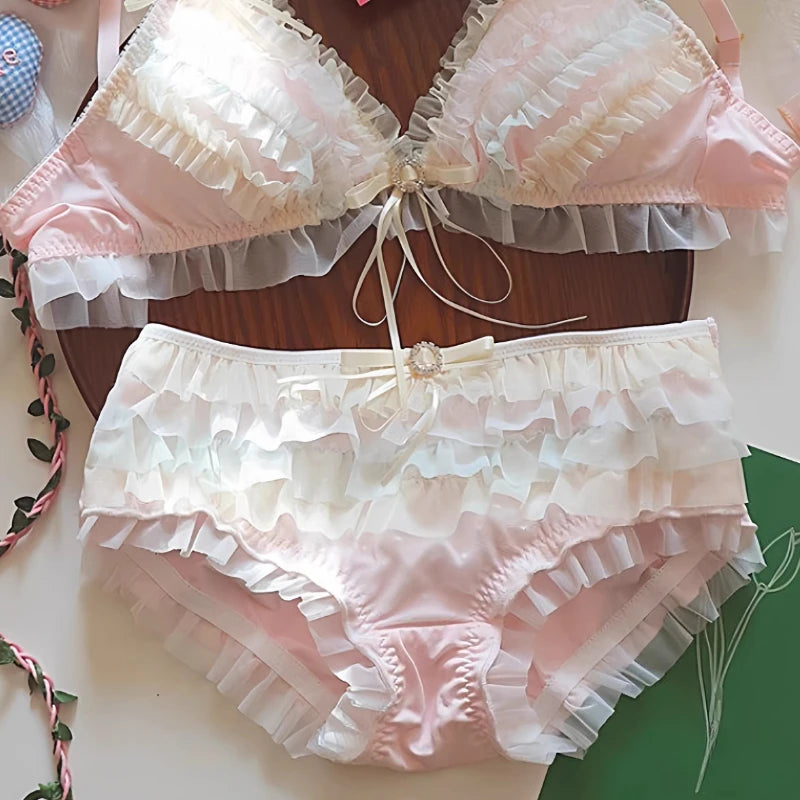 Japan Style Cream Ice Cream Bra Set Wireless Lace Trim Sweet Teen Girl Heart Cake Layer Soft Sexy Daily Lingerie Hot New Trend
