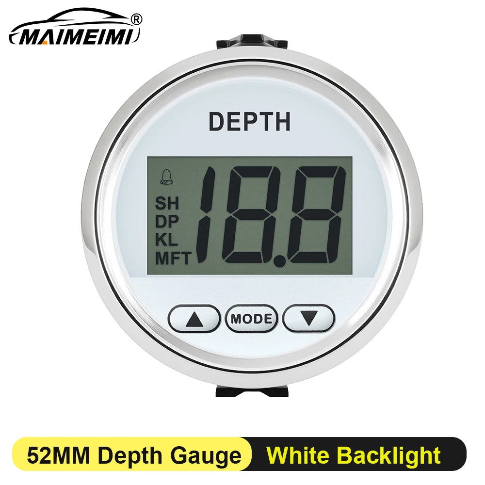 52MM Marine Digital Depth Gauge Indicator Waterproof for Yachts Fishing Boats Pulse Signal White Backlight Depth Transducer