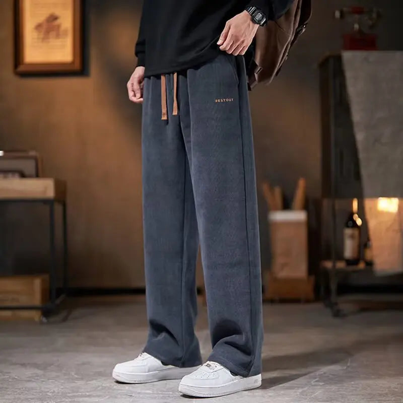 Men's Casual Thickened Fleece Lined Corduroy Straight Leg Loose Fit Autumn Winter Fashionable Brand Pants Leisure Trousers