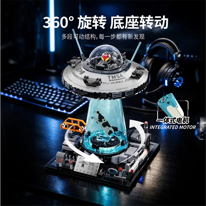 NEW UFO Cow Abduction Spacecraft Building Blocks With Light Motor Set Spaceship Bricks Toys Desktop Ornament Model Boys Gifts