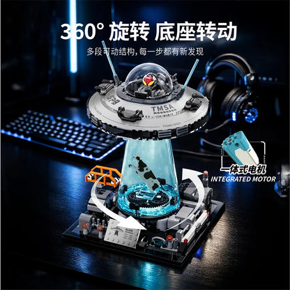 NEW UFO Cow Abduction Spacecraft Building Blocks With Light Motor Set Spaceship Bricks Toys Desktop Ornament Model Boys Gifts