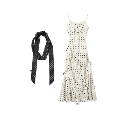 Black Suit And Polka Dot Dress Two-Piece Set for Women Early Spring Fashion Slimming Effect Ribbon Detail Long Sleeve Button-Up