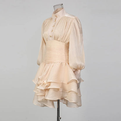 TWOTWINSTYLE Solid Spliced Ruffles Dress Female Stand Collar Long Sleeve Loose French Elegant Women's Dresses Autumn Fashion New