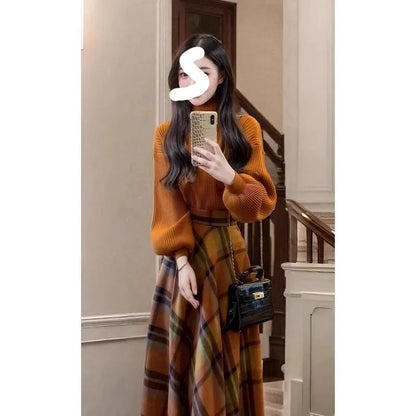 Retro Knitted Sweater Skirt Set Women's Plaid  Skirt Long Sleeve round Neck Two-Piece Suit Autumn Fashion Casual Wear